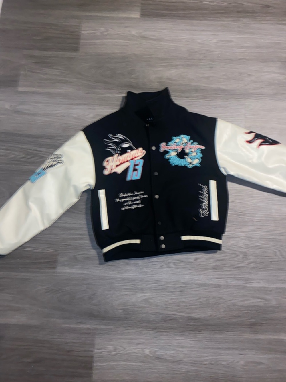 Boohoo Mens Black & White Varsity Bomber Jacket with Blue Accents